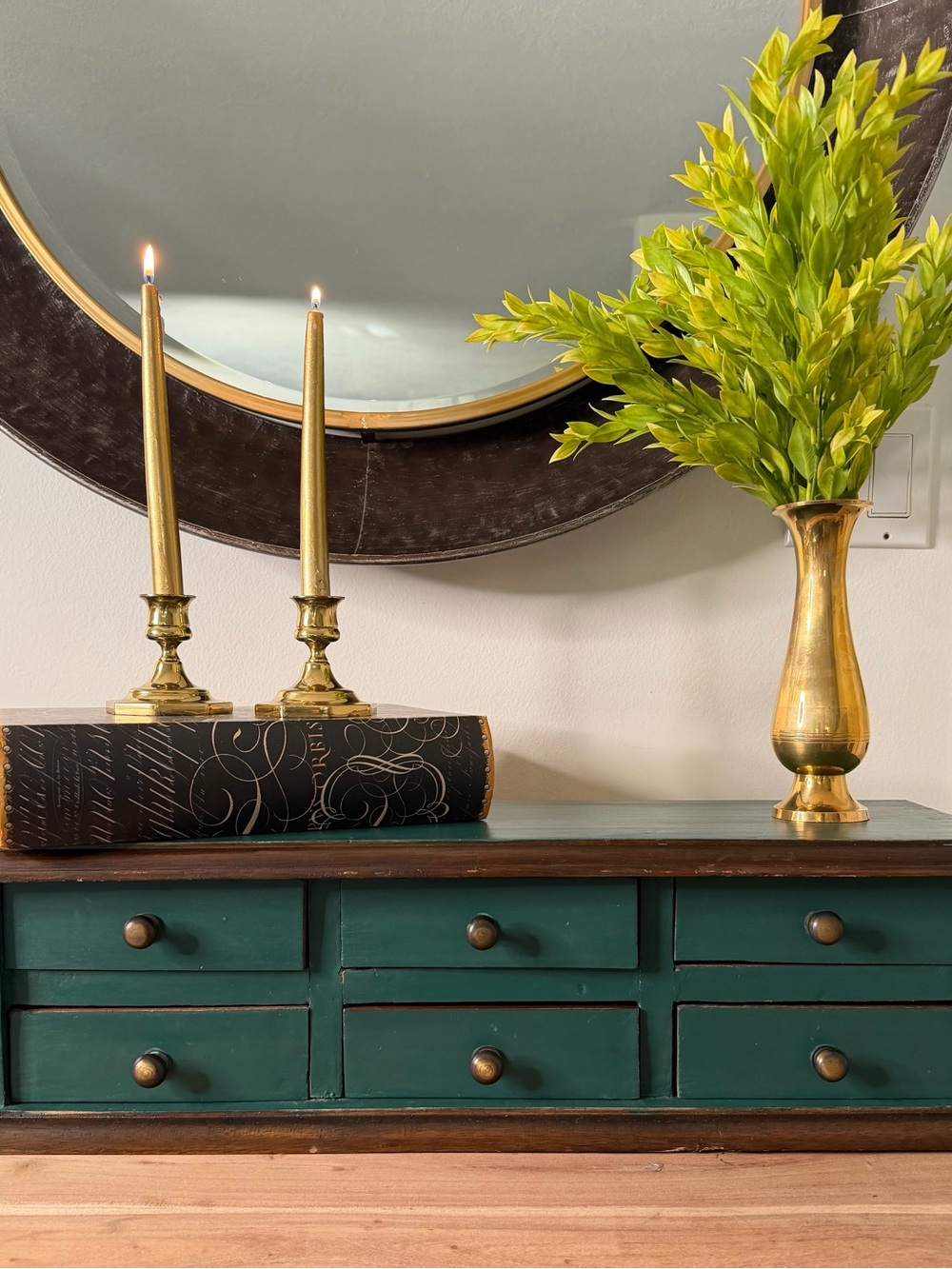 Vintage-style apothecary-style unit: green wooden wall organizer with 6 drawers
